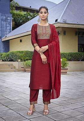 Red Printed Silk Salwar Kameez