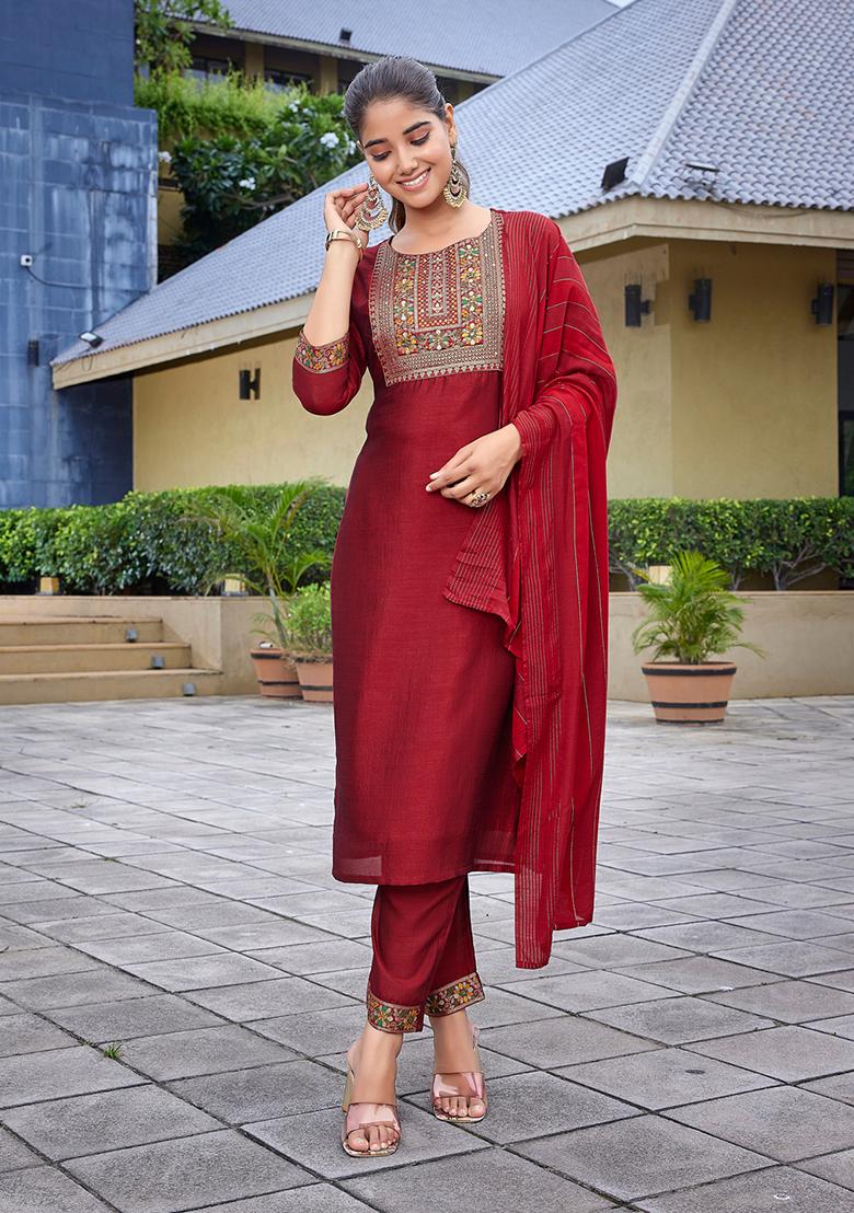 Red Printed Silk Salwar Kameez