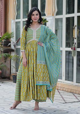 Green Printed Cotton Salwar Kameez