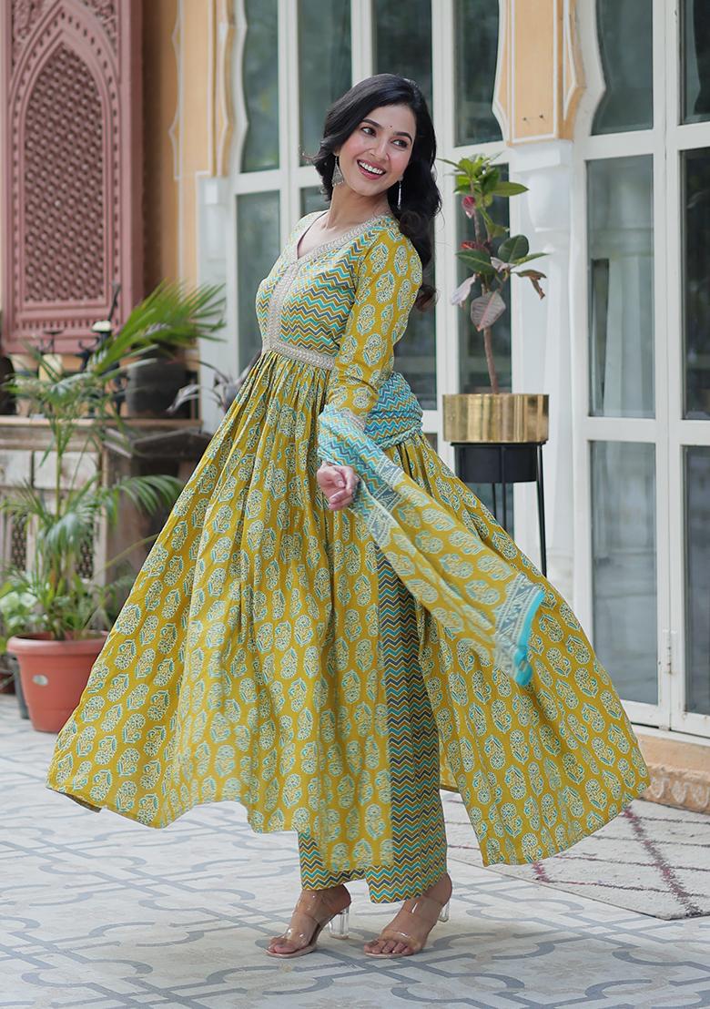 Green Printed Cotton Salwar Kameez