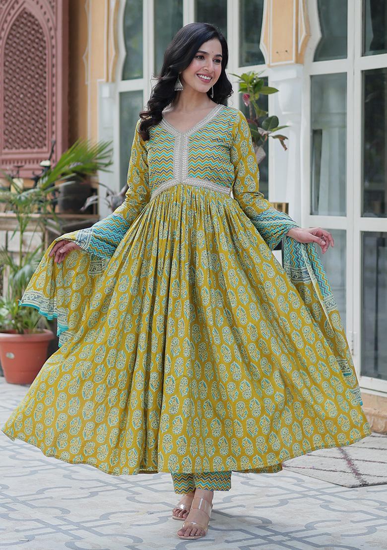 Green Printed Cotton Salwar Kameez