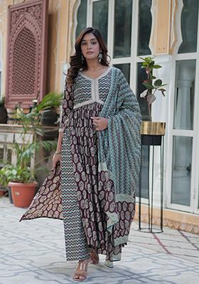 Wine Printed Cotton Salwar Kameez With Dupatta