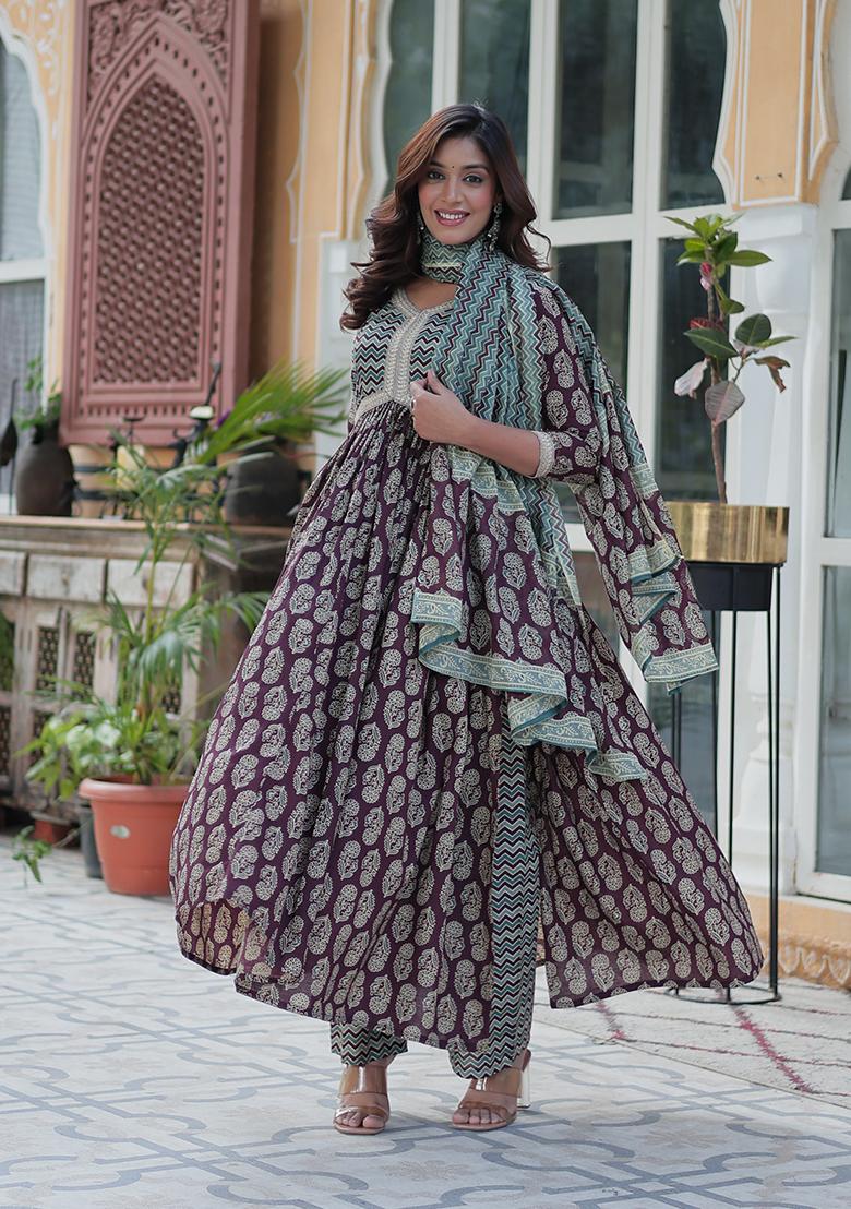 Wine Printed Cotton Salwar Kameez