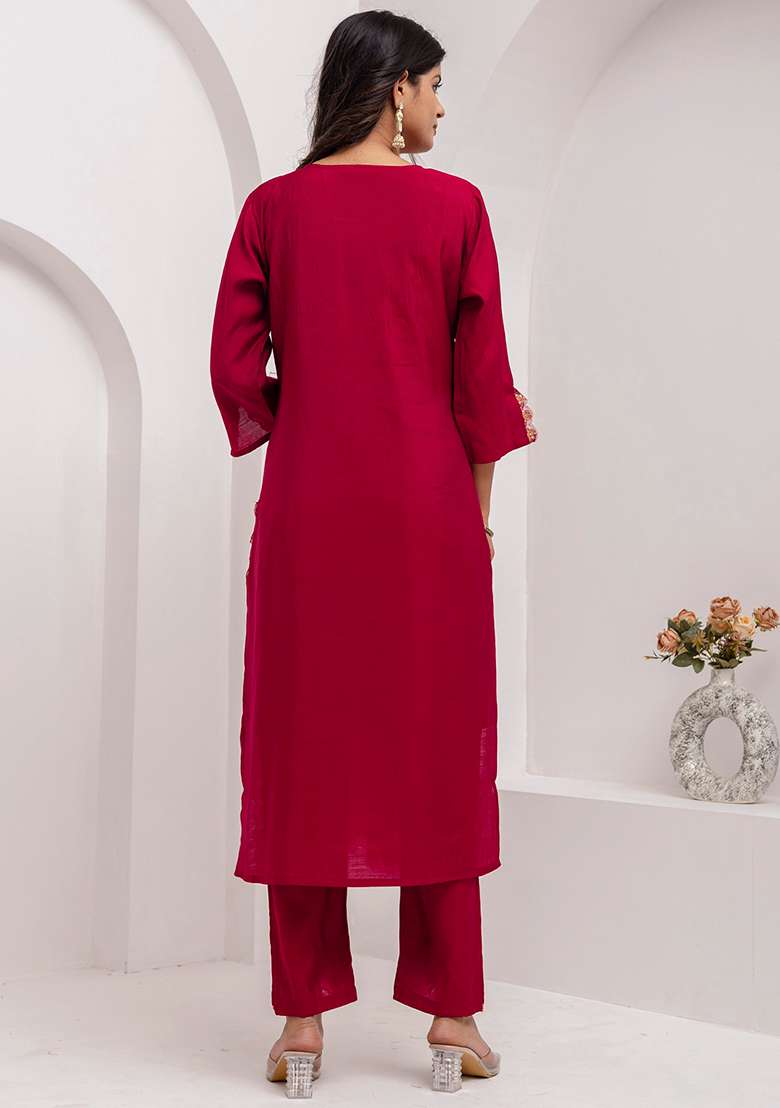 Maroon Embroidered Silk Salwar Kameez With Dupatta - Indya