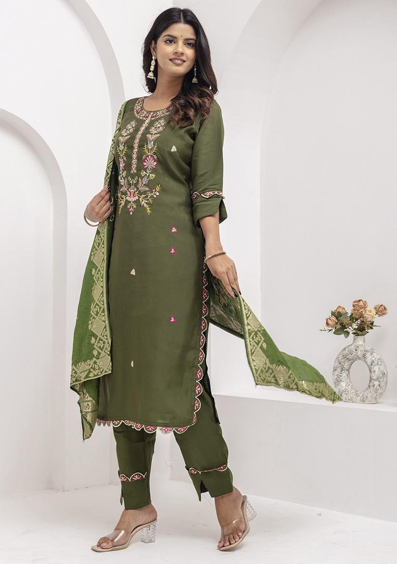 Mehendi Green Embroidered Silk Salwar Kameez