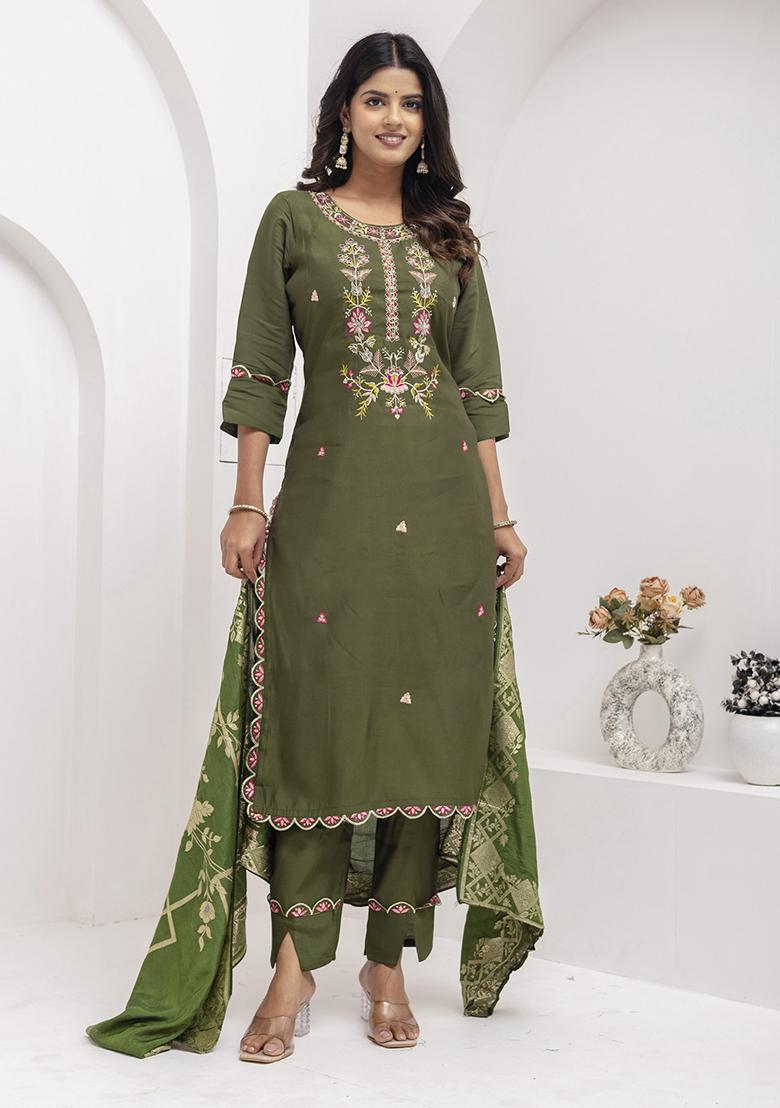 Mehendi Green Embroidered Silk Salwar Kameez