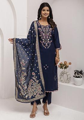 Nevy Blue Embroidered Silk Salwar Kameez