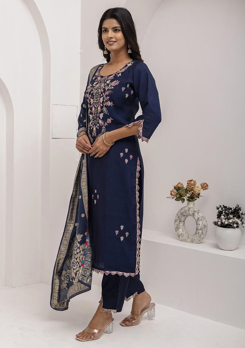 Nevy Blue Embroidered Silk Salwar Kameez