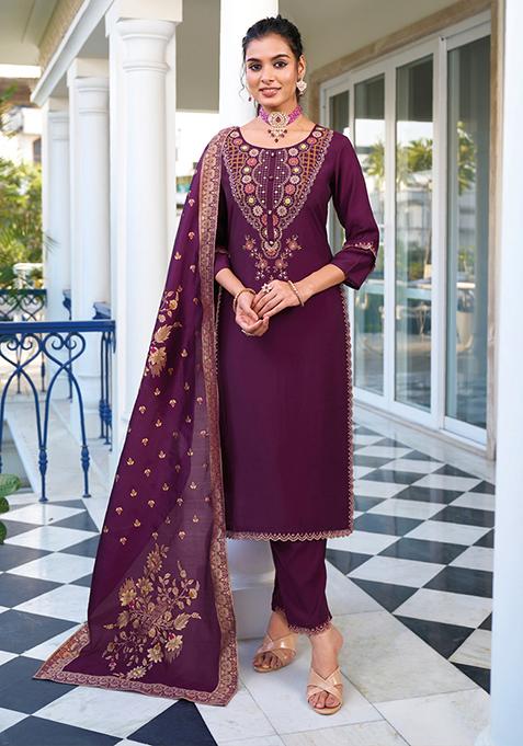 Purple Embroidered Silk Salwar Kameez With Dupatta