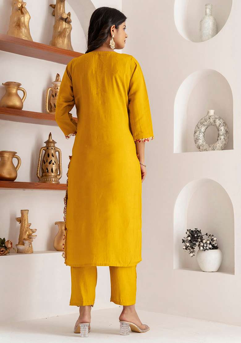 Yellow Embroidered Silk Salwar Kameez With Dupatta - Indya