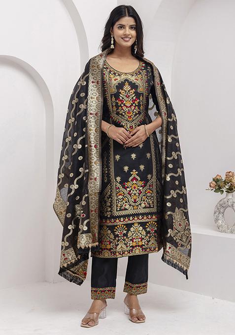 Black Embroidered Silk Salwar Kameez With Dupatta