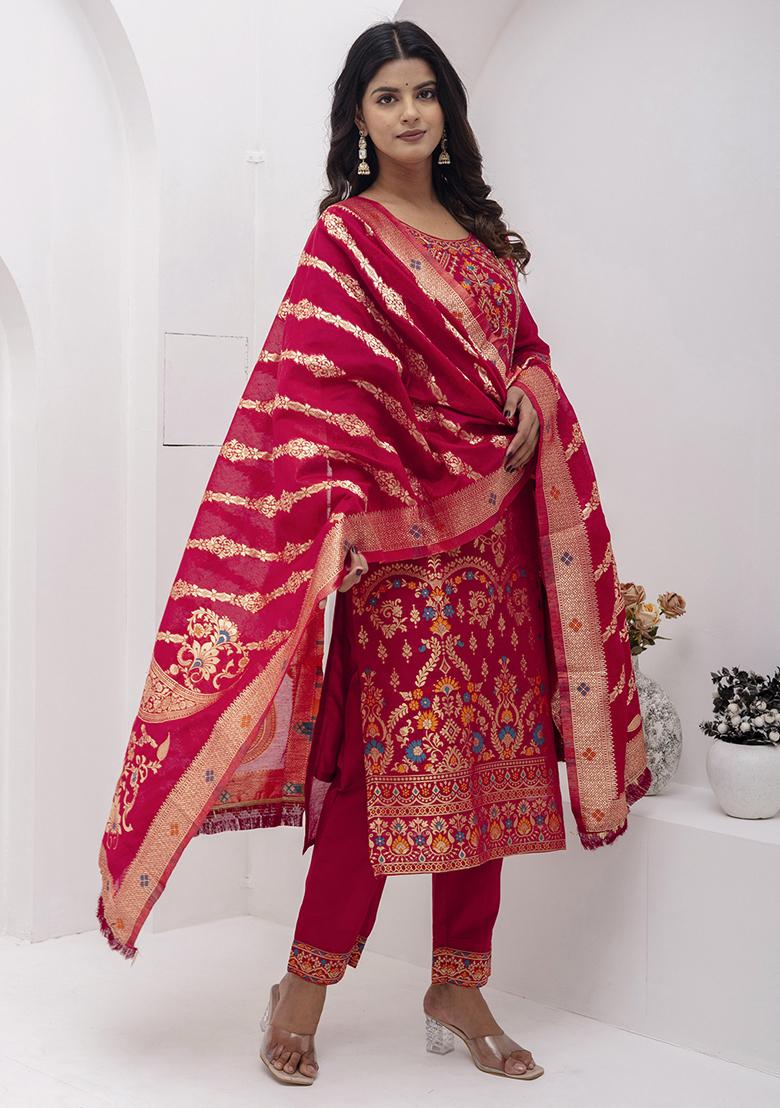 Red Embroidered Silk Salwar Kameez