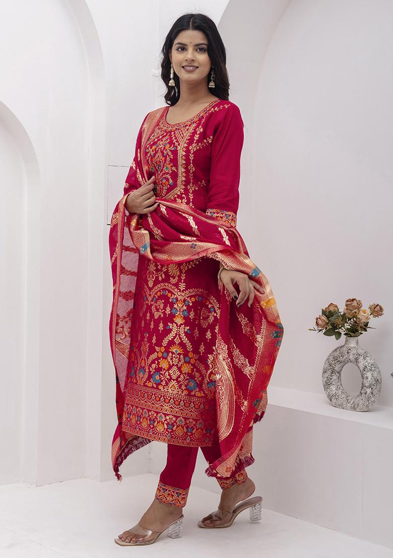 Red Embroidered Silk Salwar Kameez
