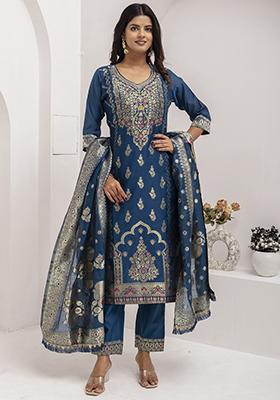 Teal Blue Embroidered Silk Salwar Kameez