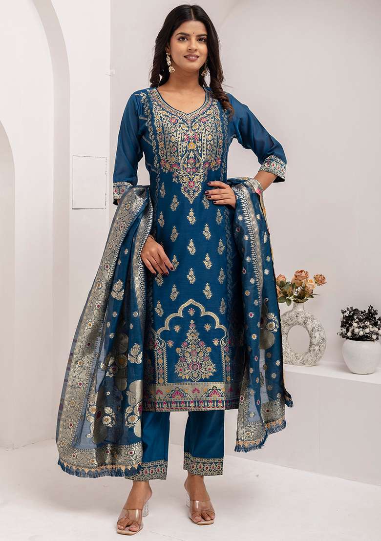 Teal Blue Embroidered Silk Salwar Kameez With Dupatta - Indya
