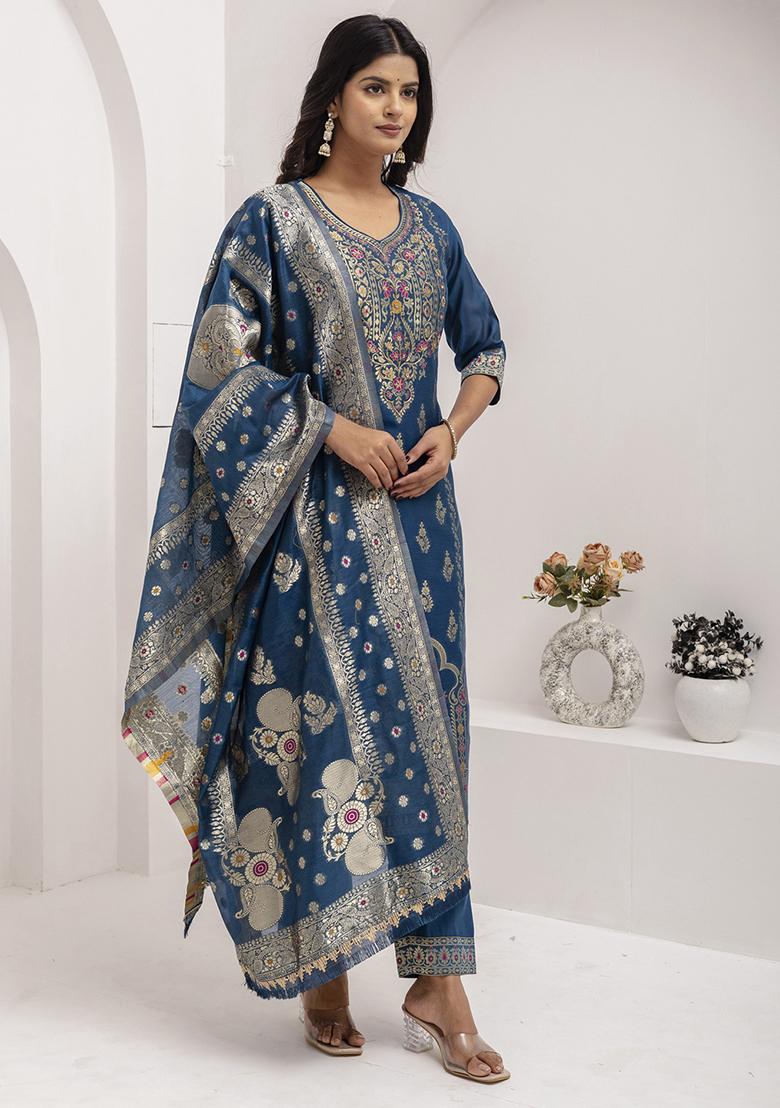Teal Blue Embroidered Silk Salwar Kameez