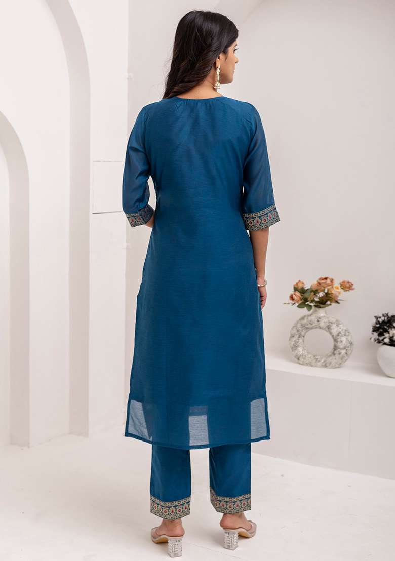 Teal Blue Embroidered Silk Salwar Kameez With Dupatta - Indya