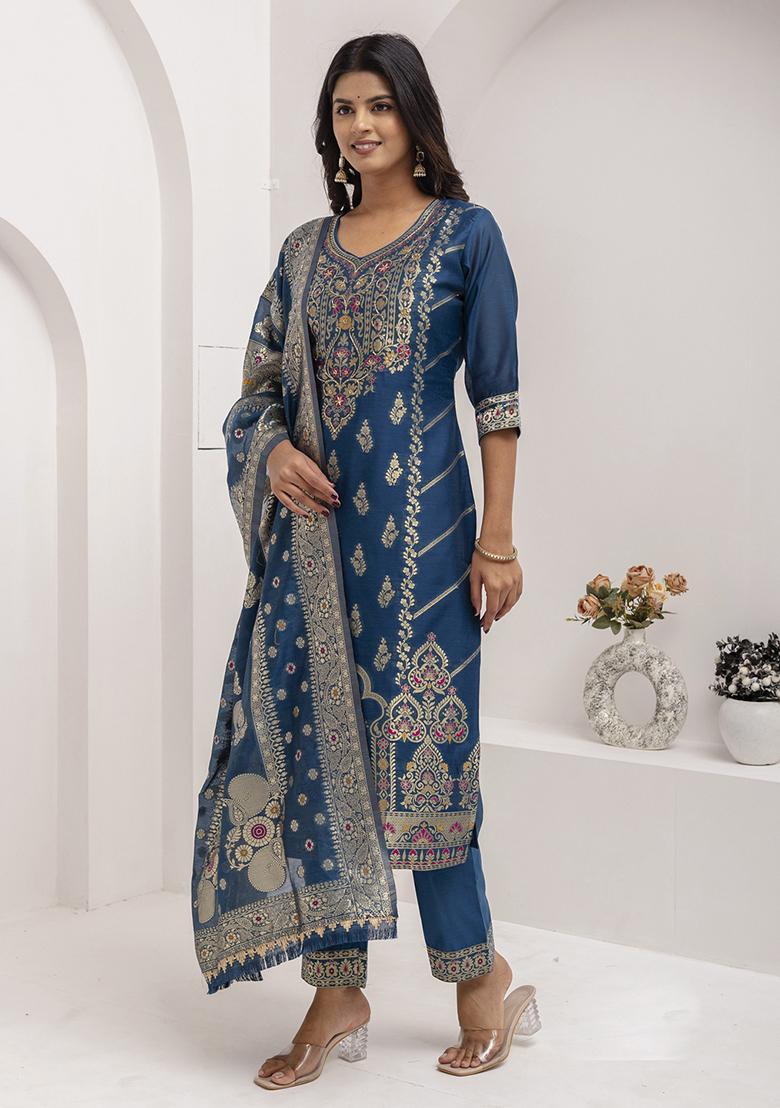 Teal Blue Embroidered Silk Salwar Kameez