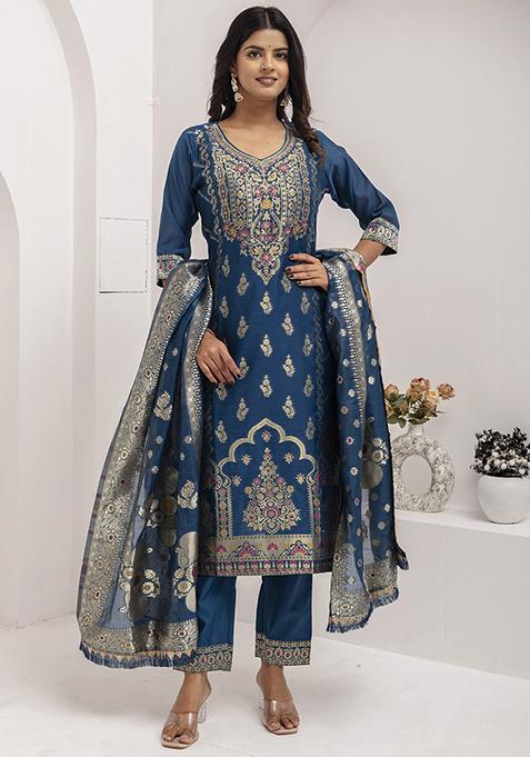 Teal Blue Embroidered Silk Salwar Kameez With Dupatta