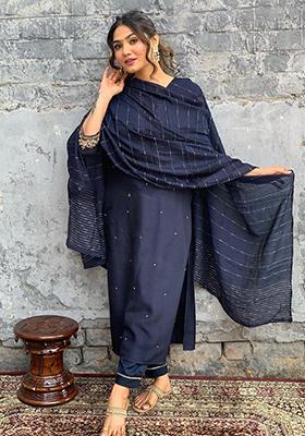 Blue Embroidered Chanderi Salwar Kameez With Dupatta