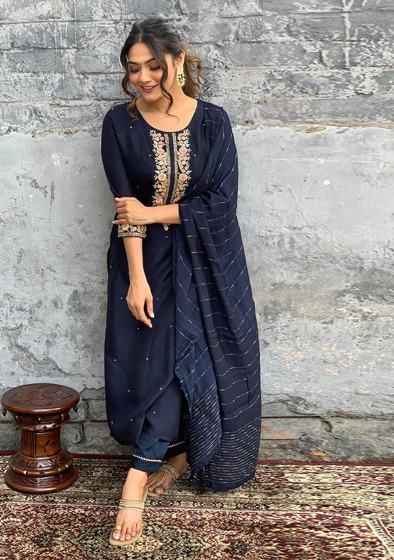 Blue Embroidered Chanderi Salwar Kameez