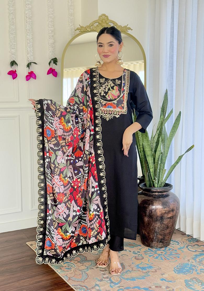 Black Embroidered Chanderi Salwar Kameez With Dupatta