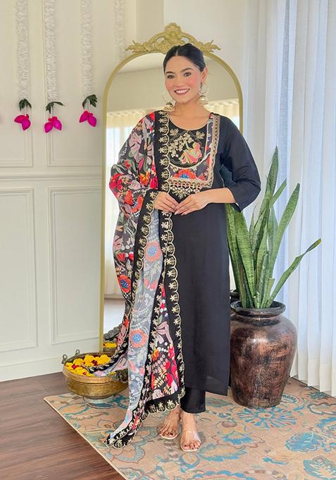Black Embroidered Chanderi Salwar Kameez With Dupatta