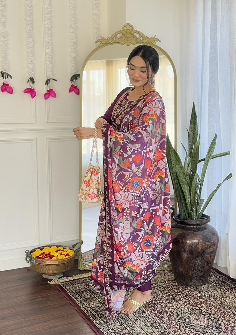 Wine Embroidered Chanderi Salwar Kameez With Dupatta