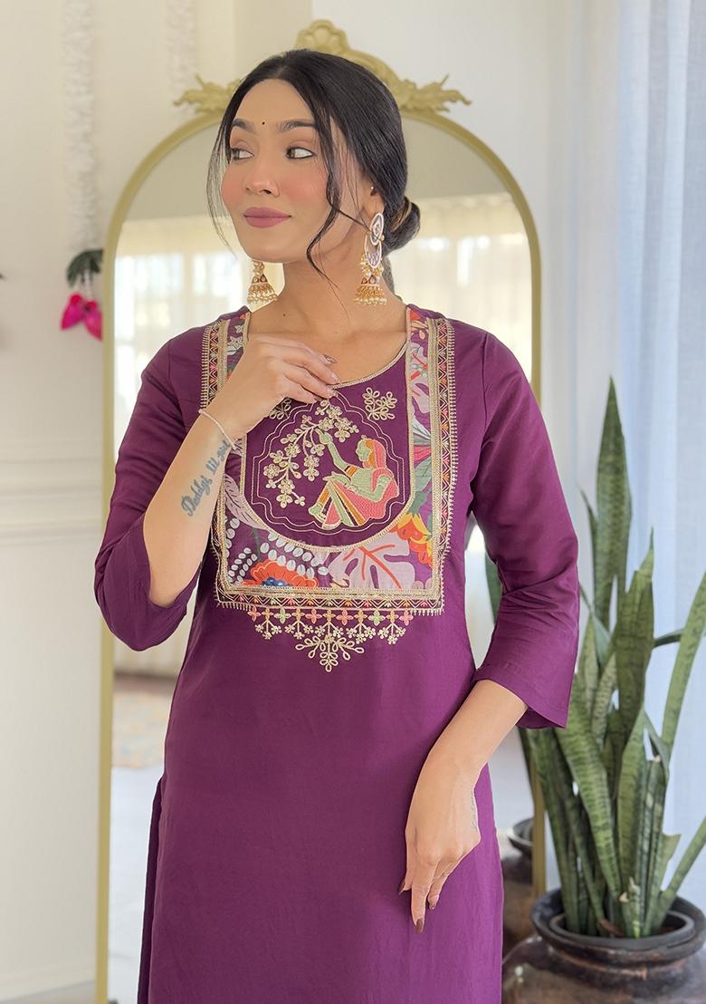 Wine Embroidered Chanderi Salwar Kameez With Dupatta