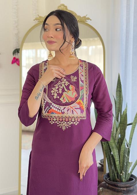 Wine Embroidered Chanderi Salwar Kameez With Dupatta