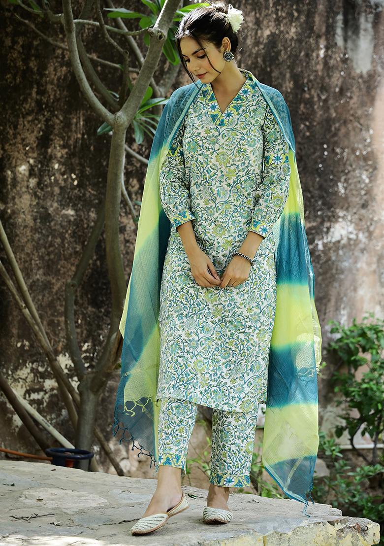 Sea Green Printed Rayon Salwar Kameez
