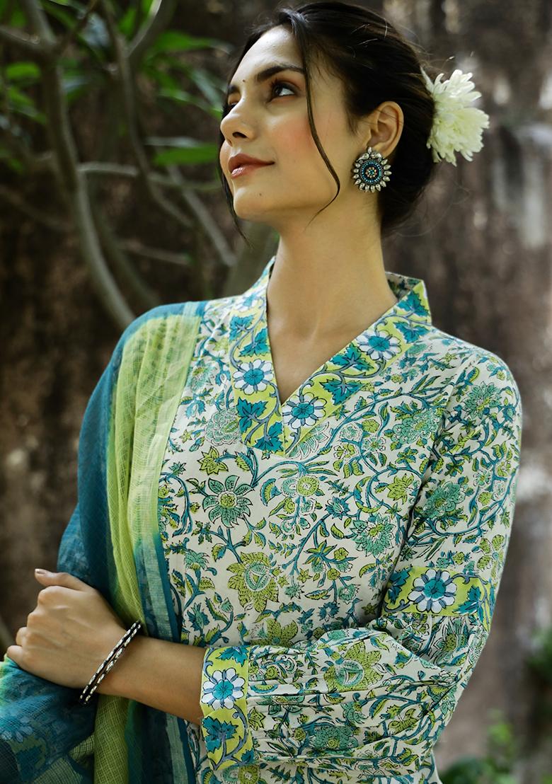 Sea Green Printed Rayon Salwar Kameez