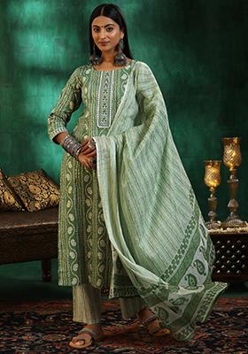 Pista Green Printed Rayon Salwar Kameez With Dupatta