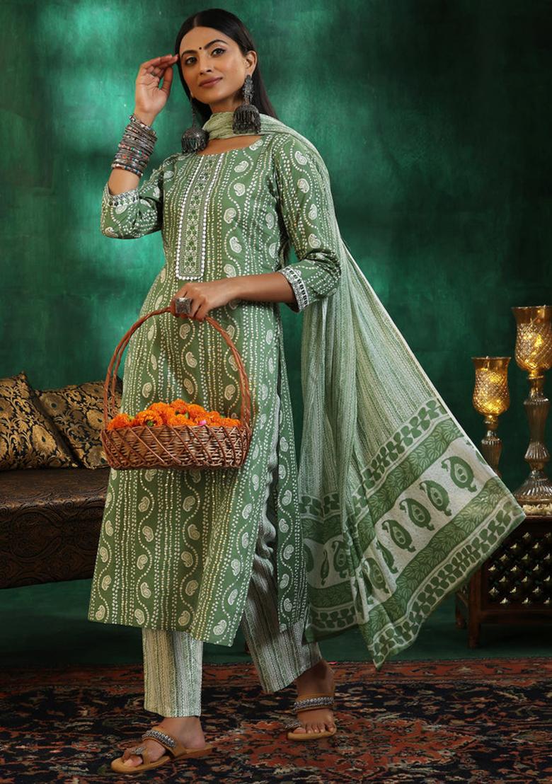 Pista Green Printed Rayon Salwar Kameez