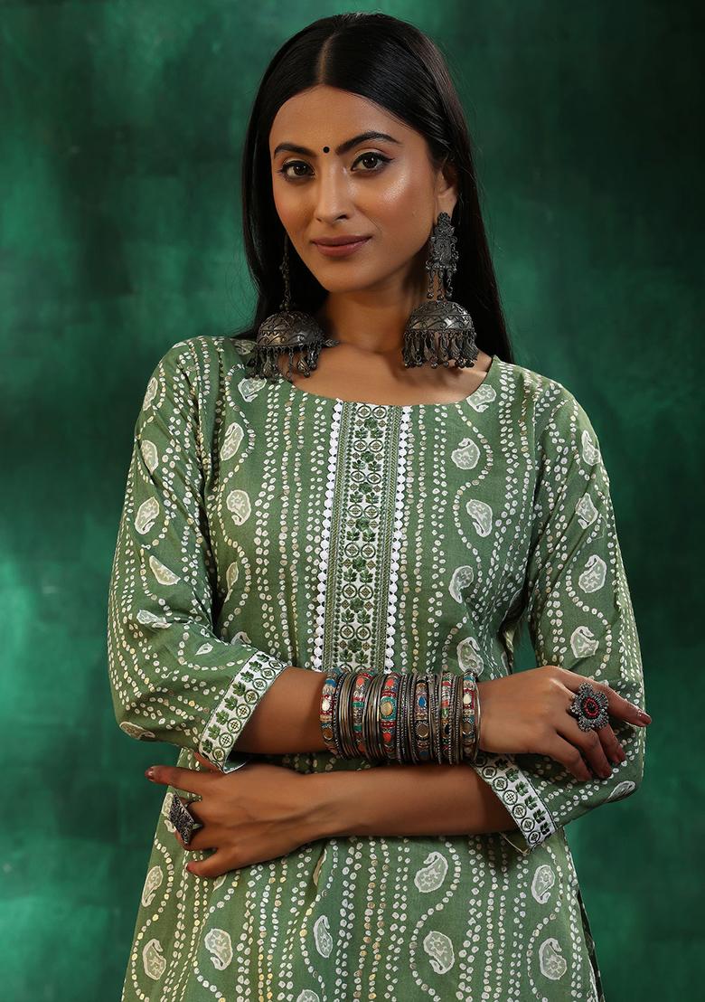Pista Green Printed Rayon Salwar Kameez