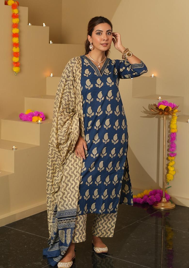 Blue Printed Rayon Salwar Kameez