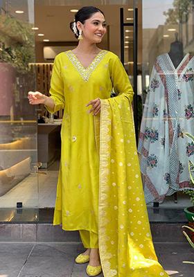 Lemon Green Embroidered Chanderi Salwar Kameez With Dupatta