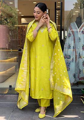 Lemon Green Embroidered Chanderi Salwar Kameez With Dupatta