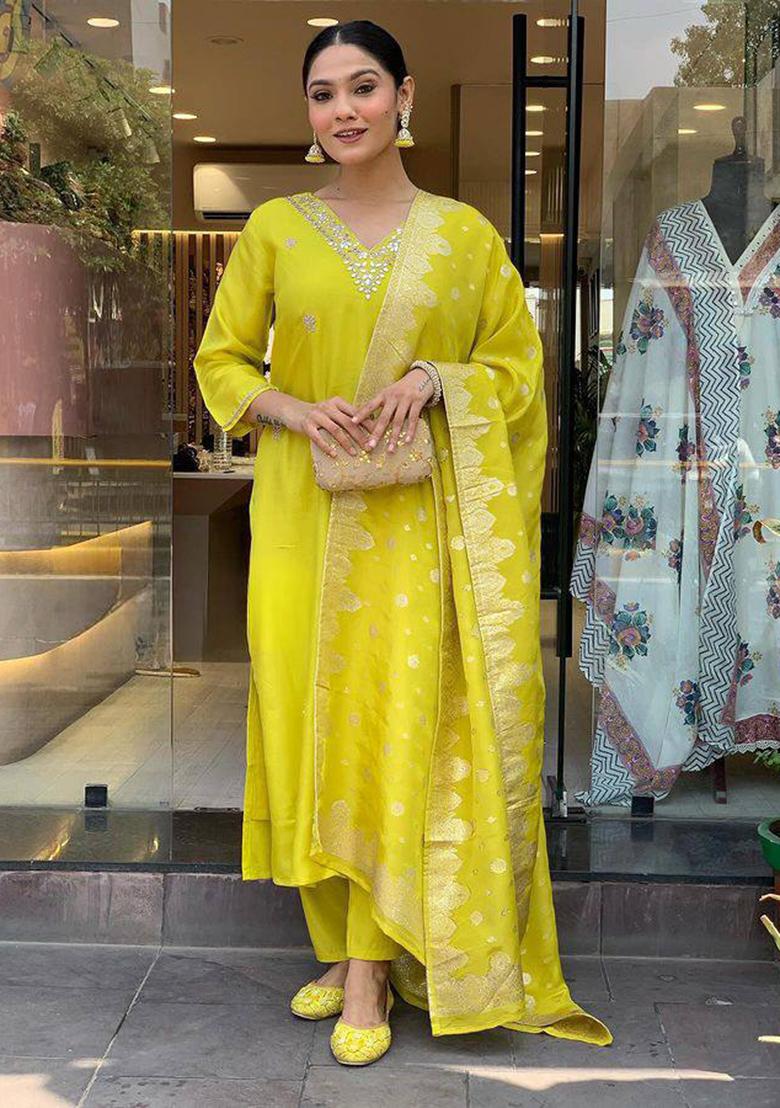Lemon Green Embroidered Chanderi Salwar Kameez