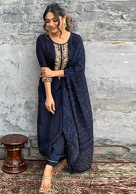 Navy Blue Embroidered Chanderi Salwar Kameez With Dupatta
