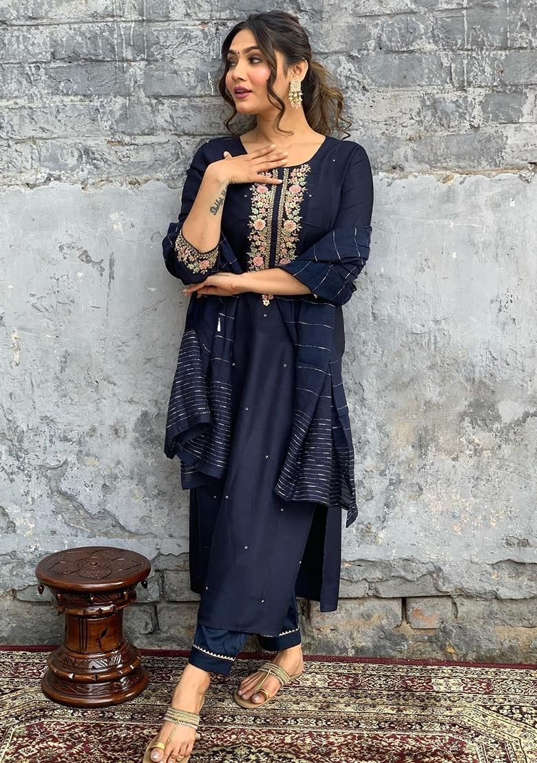 Navy Blue Embroidered Chanderi Salwar Kameez