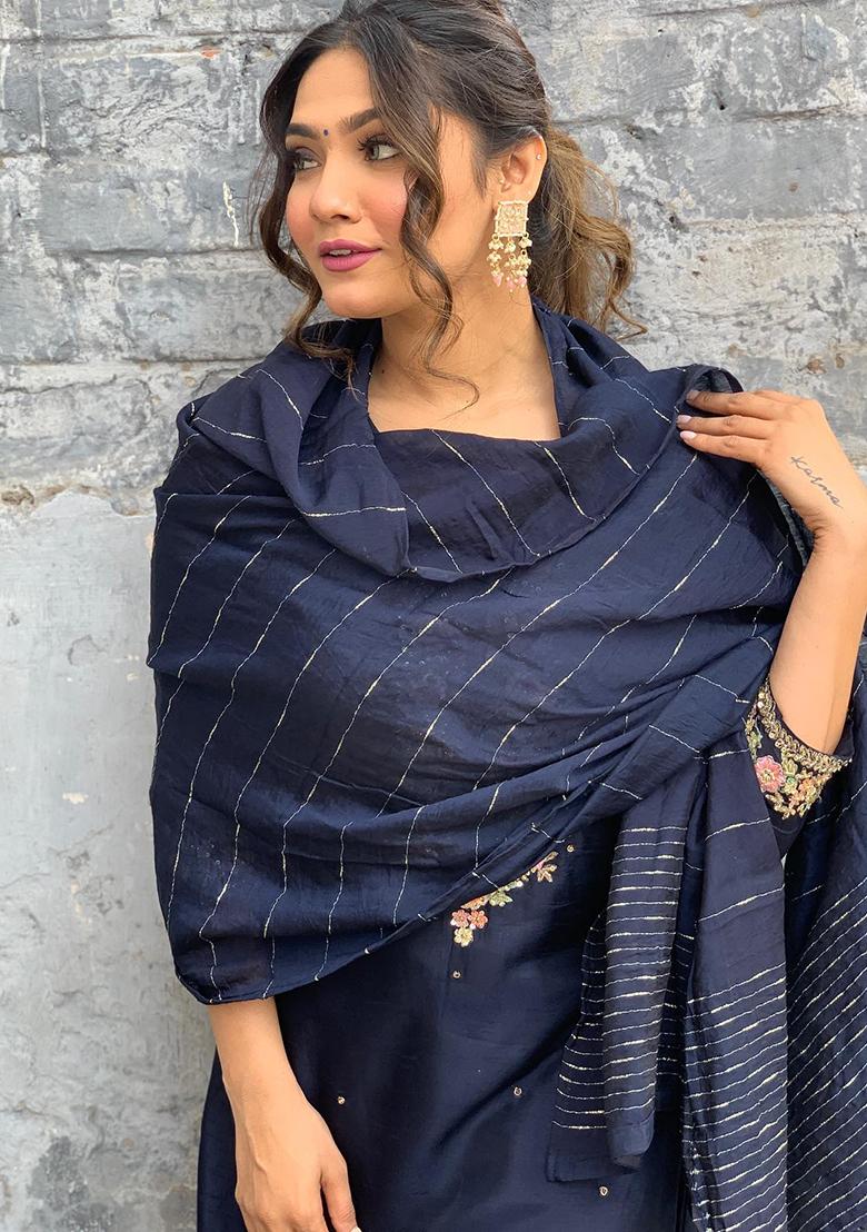 Navy Blue Embroidered Chanderi Salwar Kameez