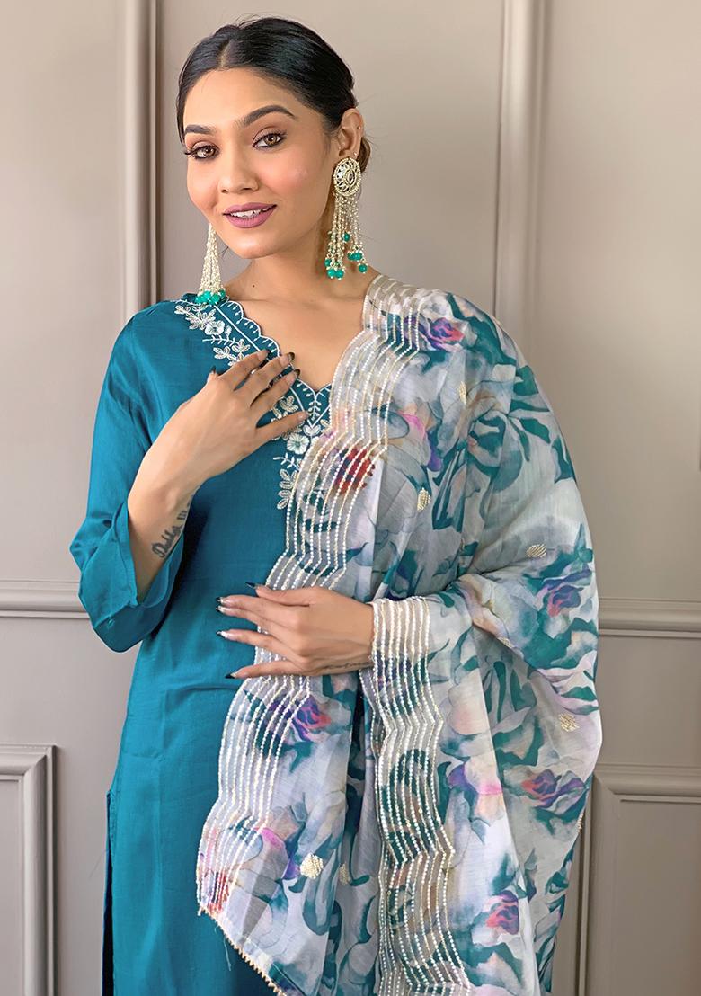 Teal Blue Embroidered Viscose Salwar Kameez
