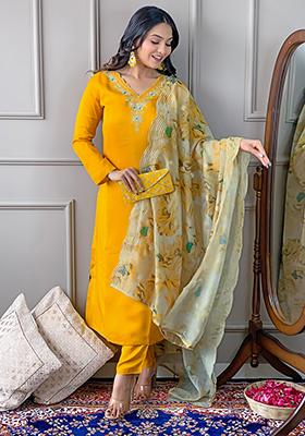 Mustard Yellow Embroidered Viscose Salwar Kameez