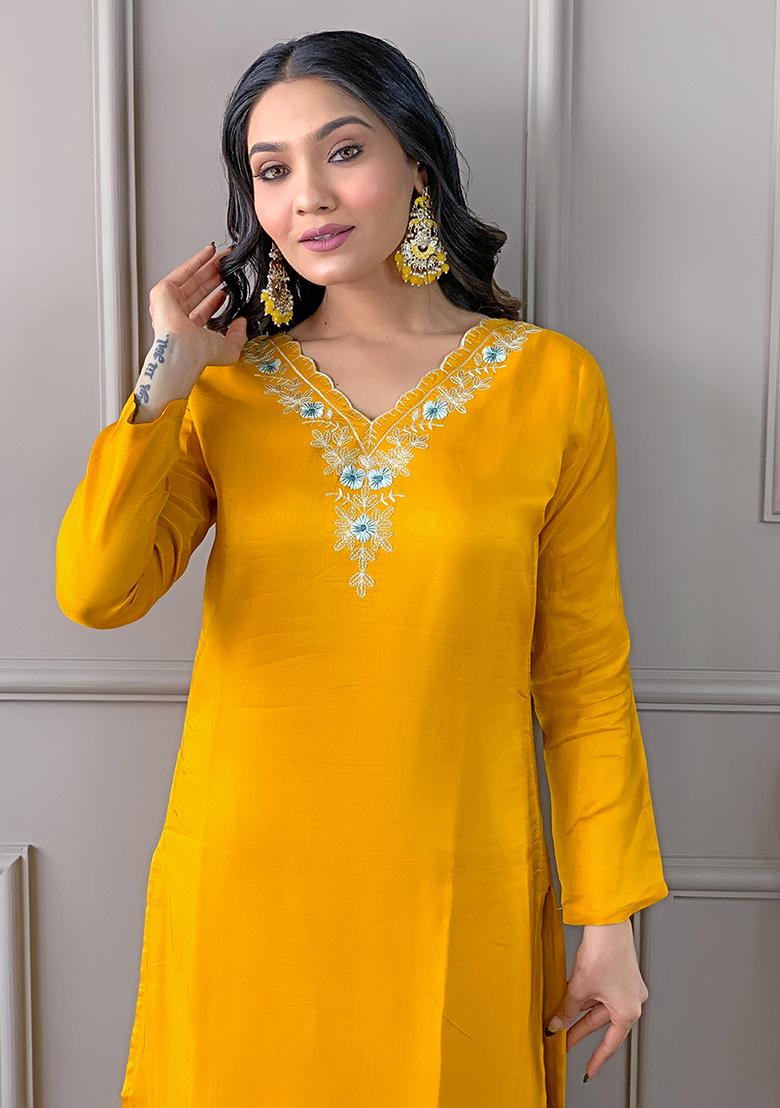 Mustard Yellow Embroidered Viscose Salwar Kameez