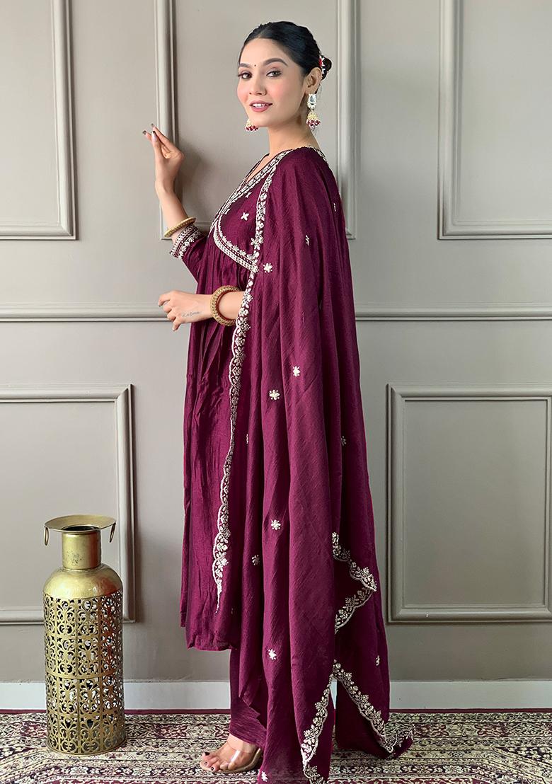 Wine Embroidered Silk Anarkali Set