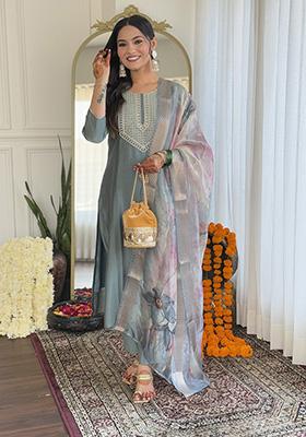 Grey Embroidered Viscose Salwar Kameez