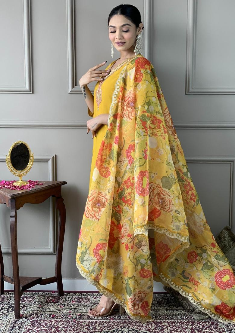 Mustard Yellow Embroidered Chanderi Salwar Kameez