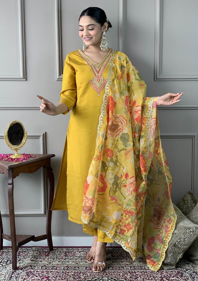 Mustard Yellow Embroidered Chanderi Salwar Kameez