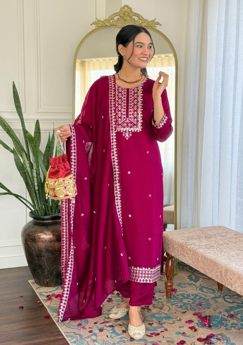 Rani Pink Embroidered Vichitra Silk Salwar Kameez